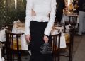 Chiu, wearing a Khaite top, Alexandre Vauthier skirt, Amina Muaddi shoes and a Vivienne Westwood bag, at Kathy Hilton's birthday party, styled by Dani Michelle.