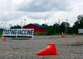 The nearly empty parking lot of a drive-through vaccination site in Forest, Miss., on Wednesday.