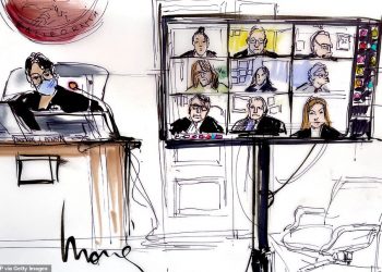 A court sketch from inside the Los Angeles County Courthouse on June 23, with Judge Brenda Penny presiding