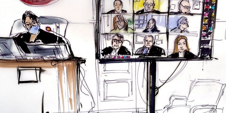 A court sketch from inside the Los Angeles County Courthouse on June 23, with Judge Brenda Penny presiding