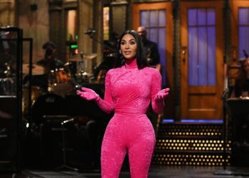 Kim Kardashian pictured delivering her monologue on "Saturday Night Live" on Oct. 9, 2021, in New York City.