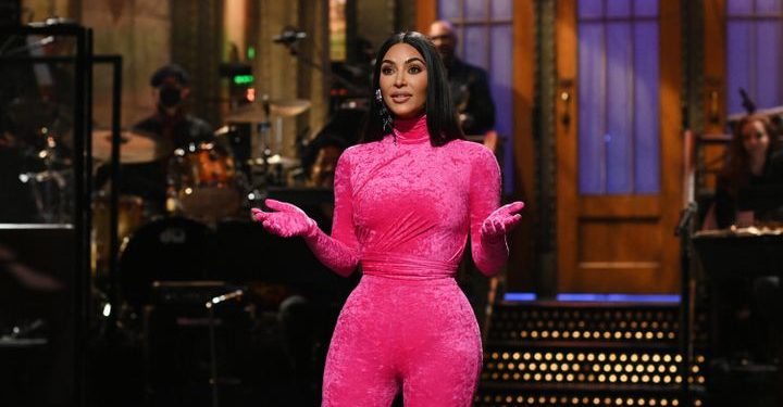 Kim Kardashian pictured delivering her monologue on "Saturday Night Live" on Oct. 9, 2021, in New York City.