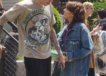 Pete Davidson (left) and Marisa Tomei on the "King of Staten Island" set in 2019.