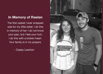 Casey Lawhon, right, started In Memory Casket Wraps in honor of her sister, Raelan Lawhon, who died unexpectedly in January. He’s offered to create wraps for the students who died in the Texas school shooting.