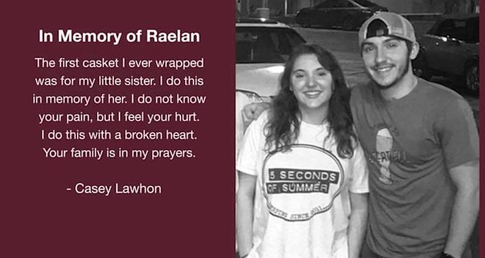 Casey Lawhon, right, started In Memory Casket Wraps in honor of her sister, Raelan Lawhon, who died unexpectedly in January. He’s offered to create wraps for the students who died in the Texas school shooting.