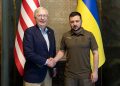 In this handout photo provided by the Ukrainian Presidential Press Office, Ukrainian President Volodymyr Zelenskyy and Senate Minority Leader Mitch McConnell, R-Ky., pose for a photo in Kyiv, Ukraine, Saturday, May 14, 2022. (Ukrainian Presidential Press Office via AP)