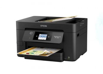 Black  Epson Workforce Pro WF-3820 Wireless Color Inkjet All-in-One Printer on white background
