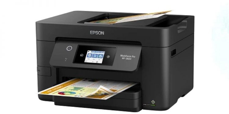 Black  Epson Workforce Pro WF-3820 Wireless Color Inkjet All-in-One Printer on white background