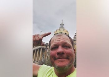 Bob Barnes, 52, of Syracuse, New York, is cycling to all 50 state capitals in one year. He recently arrived at his 40th capital city, Des Moines, Iowa. 