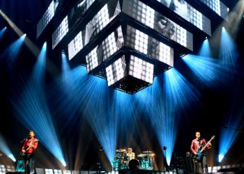 A band performs on a large stage