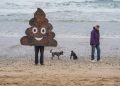 A dog walker passes someone dressed as the poo emoji protesting sewage in rivers
