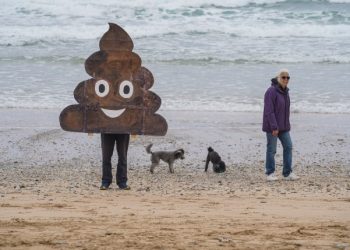 A dog walker passes someone dressed as the poo emoji protesting sewage in rivers
