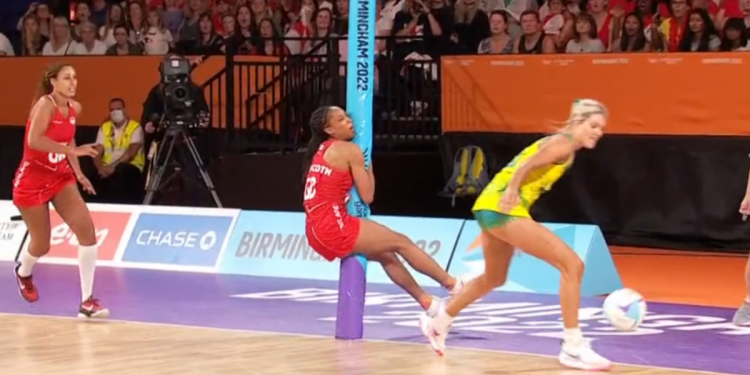 Watch video of the moment England goal defence Layla Guscoth smashes into the post against Australia’s Diamonds at the Commonwealth Games netball in Birmingham