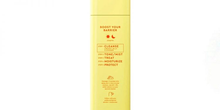 Yellow BYOMA Creamy Jelly Cleanser bottle on white background