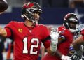 Tom Brady #12 of the Tampa Bay Buccaneers throws against the Dallas Cowboys during the first half at AT&T Stadium on September 11, 2022, in Arlington, Texas.
