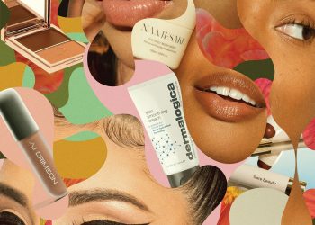 collage of various beauty products and body parts in curved, cutout shapes