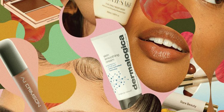 collage of various beauty products and body parts in curved, cutout shapes