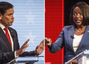Florida Senate candidates Sen. Marco Rubio, a Republican, and Rep. Val Demings, a Democrat, debate in Palm Beach County on Tuesday, October 18, 2022.