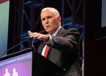 Former Vice President Mike Pence speaks at the Family Leader's annual leadership summit, in Des Moines, Iowa on July 16, 2021.
